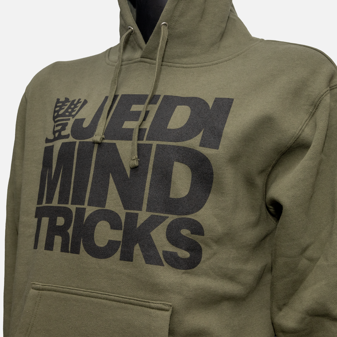 Mannequin shot of JMT Stacked Logo Hoodie Black on Army Green