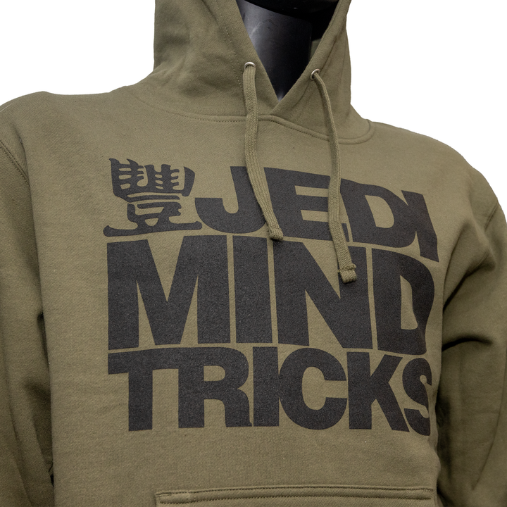 Mannequin shot of JMT Stacked Logo Hoodie Black on Army Green