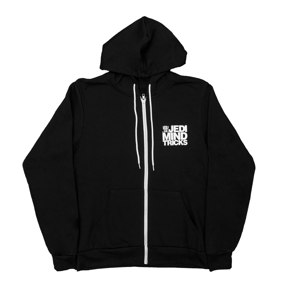 Black zip hoodie with 'Jedi Mind Tricks' stacked logo.