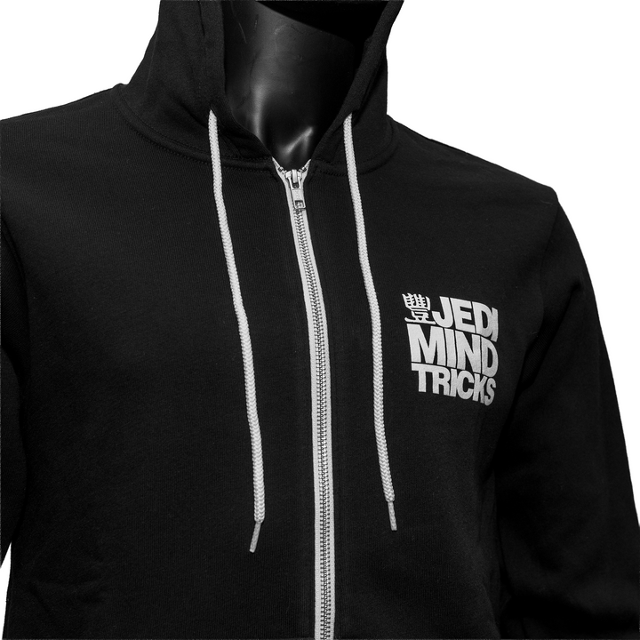 Mannequin shot of black zip hoodie.